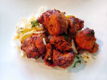 High angle view of serving food in plate