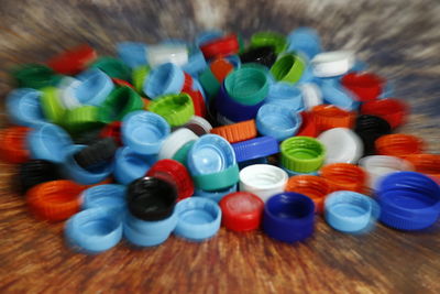 Close-up of multi colored toys on table