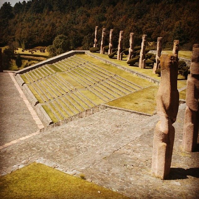 built structure, in a row, high angle view, architecture, field, day, outdoors, steps, no people, railing, fence, temple - building, religion, spirituality, old, history, place of worship, wood - material, landscape, the past