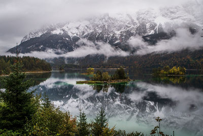 Scenic view of lake by trees against sky