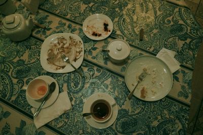 High angle view of breakfast on table