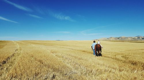Rear view of man standing on field against clear sky