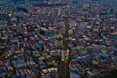 High angle view of illuminated cityscape