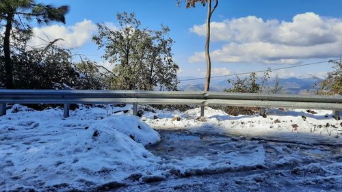 Scenic view of snow covered land against sky