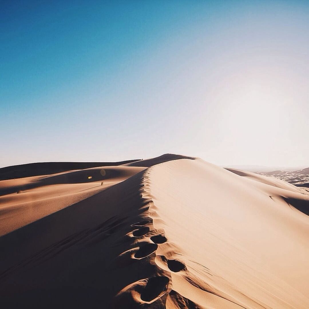 clear sky, sand, copy space, desert, tranquility, tranquil scene, beach, landscape, the way forward, nature, scenics, blue, beauty in nature, arid climate, sunlight, diminishing perspective, sand dune, day, non-urban scene, outdoors