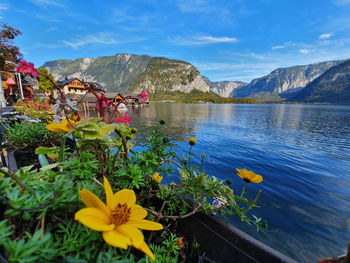 Scenic view of lake against cloudy sky