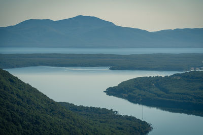 Scenic view of lake and mountains against sky