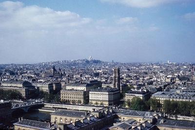 High angle view of buildings against sky