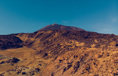 Scenic view of arid landscape against blue sky