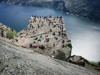 High angle view of people at preikestolen