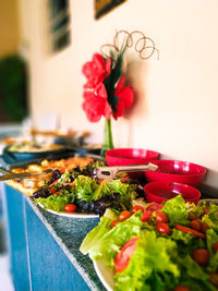 Close-up of chopped vegetables in bowl on table