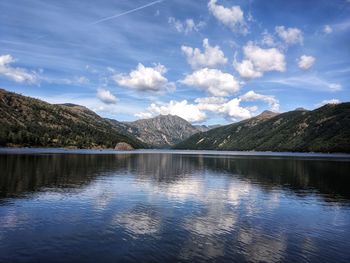 Scenic view of lake and mountains against sky