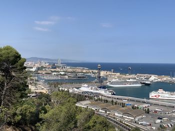 High angle view of a port by sea against sky in barcelona 