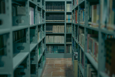 Close-up of bookshelves in a library