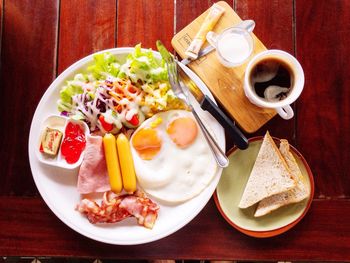 High angle view of breakfast served on table