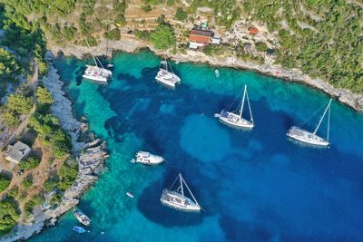 High angle view of sailboats in sea