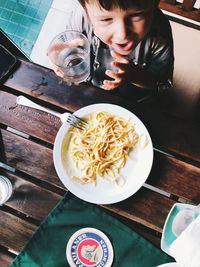 High angle view of food served on table