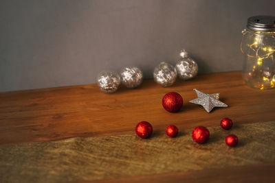 High angle view of christmas decorations on table