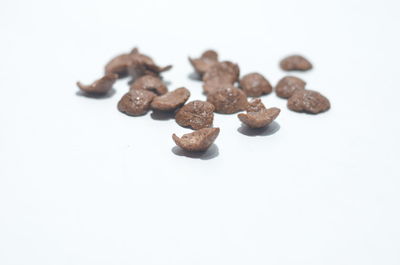 High angle view of coffee beans against white background