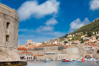 Dubrovnik city old port marina and fortifications