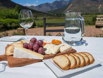 Close-up of cheese plate and bread at wine tasting on vineyard in south africa