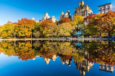 Reflection of trees in lake against sky during autumn , water mirror , new york park