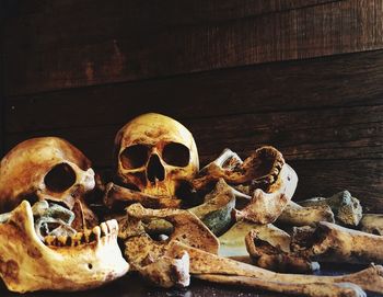 Close-up of human skull on table