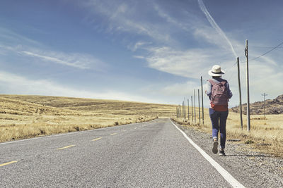 Rear view of man walking on road against sky