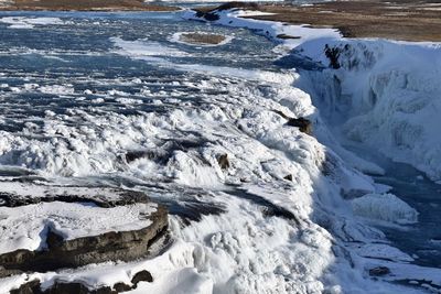 High angle view of frozen water on land