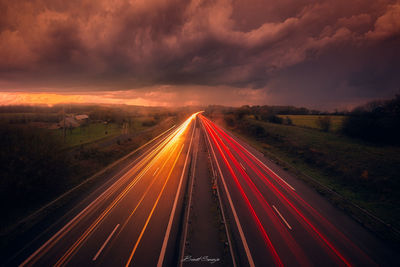 High angle view of light trails on highway