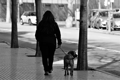 Rear view of woman with dog walking on footpath