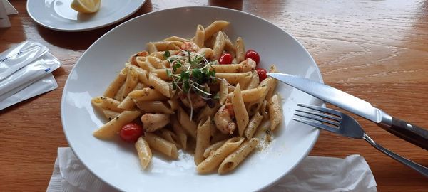 High angle view of food in plate on table