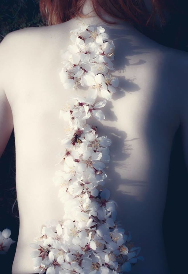 CLOSE-UP OF WOMAN WITH WHITE FLOWERS IN SUNLIGHT