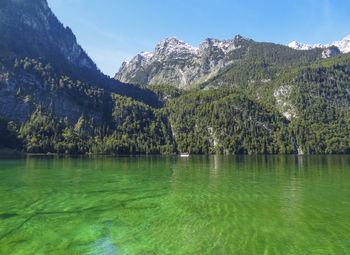 Scenic view of lake and mountains against sky