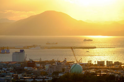 High angle view of townscape by sea against sunset sky