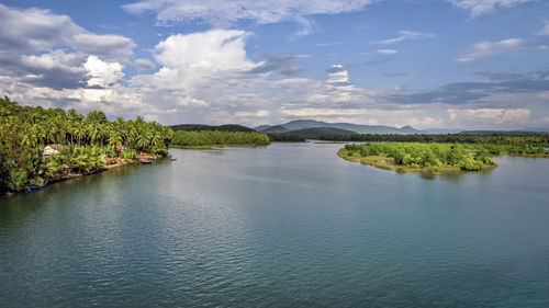 Magnificent view of the sharavathi river with nice blue sky bacground in honnavar, karnataka, india.