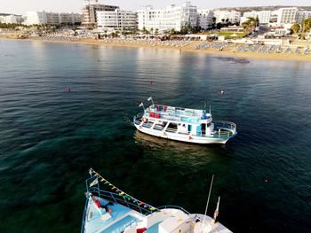 High angle view of ship moored in sea