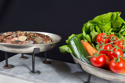 Close-up of vegetables in plate against black background