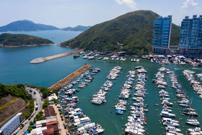 High angle view of marina in city