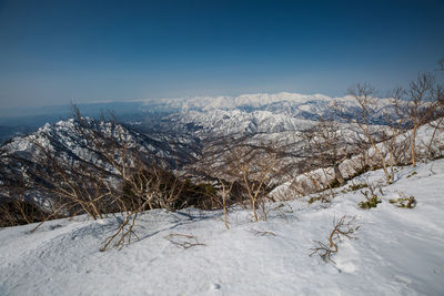 Scenic view of snow covered mountains against sky