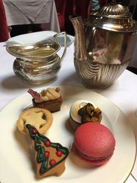 Close-up of dessert served on table