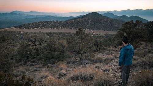 Rear view of man standing on landscape against clear sky during sunset