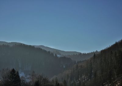 Scenic view of mountains against clear blue sky