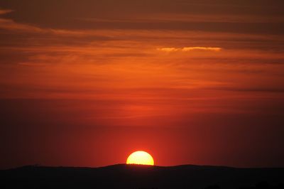 Scenic view of silhouette landscape against orange sky