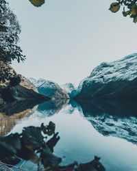 Scenic view of lake and snowcapped mountains against sky