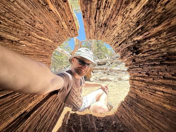 Young white man looking through hollowed out log in mountain