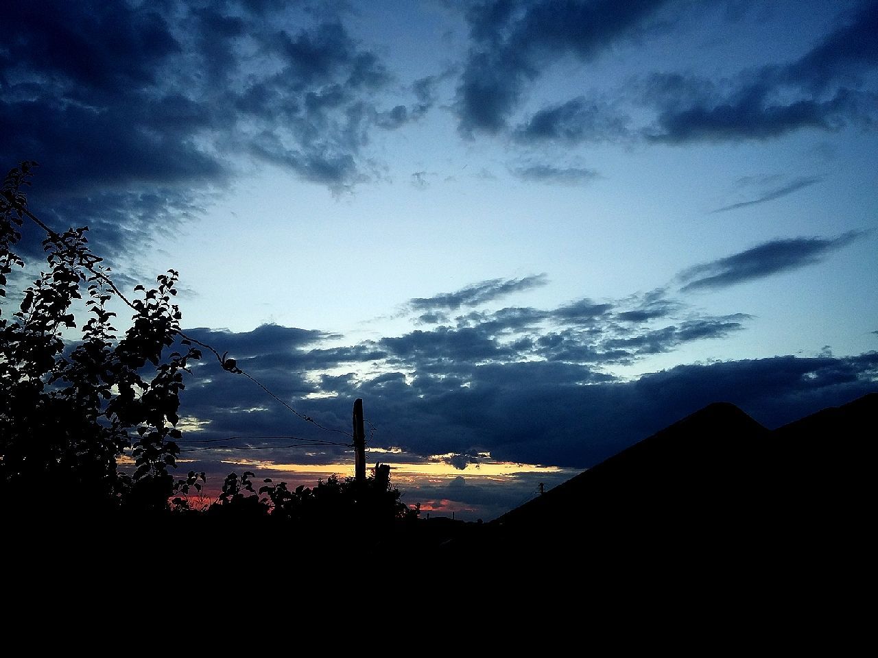 SILHOUETTE OF TREES AND MOUNTAIN AGAINST CLOUDY SKY