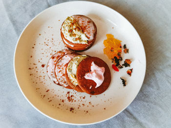 High angle view of breakfast served on table