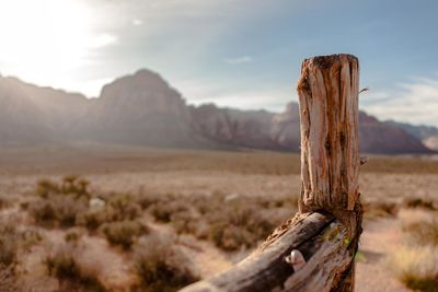 Wooden post on landscape with mountains in background during sunny day