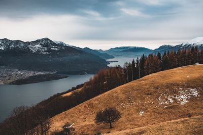 Scenic view of mountains against sky during winter